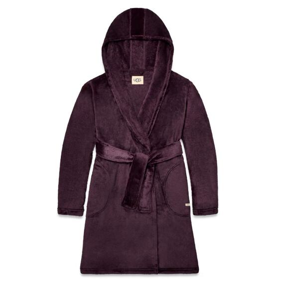 UGG new dark purple eggplant Miranda short hooded fleece wrap robe port burgundy - Picture 1 of 9